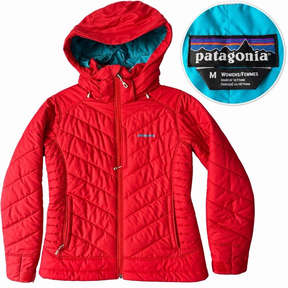 Patagonia Womens M Red Insulated Quilted Hooded Jacket Full Zip Detachable Hood
